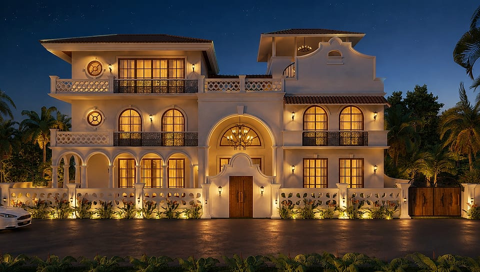 A Spanish Colonial Revival villa by R+ Squares in Badem, Goa, lit at night