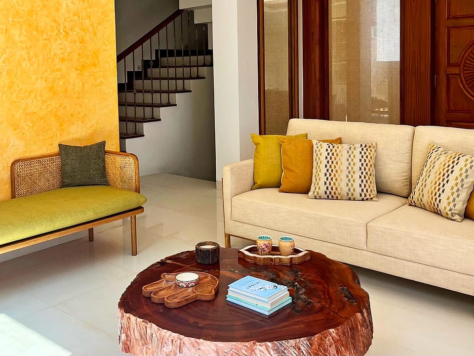 Casa Keval, sofa and stair in the double-height living room