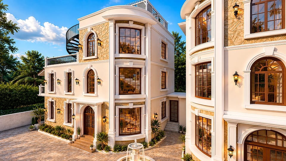Anjuna villas, curved bay windows and the spiral stair