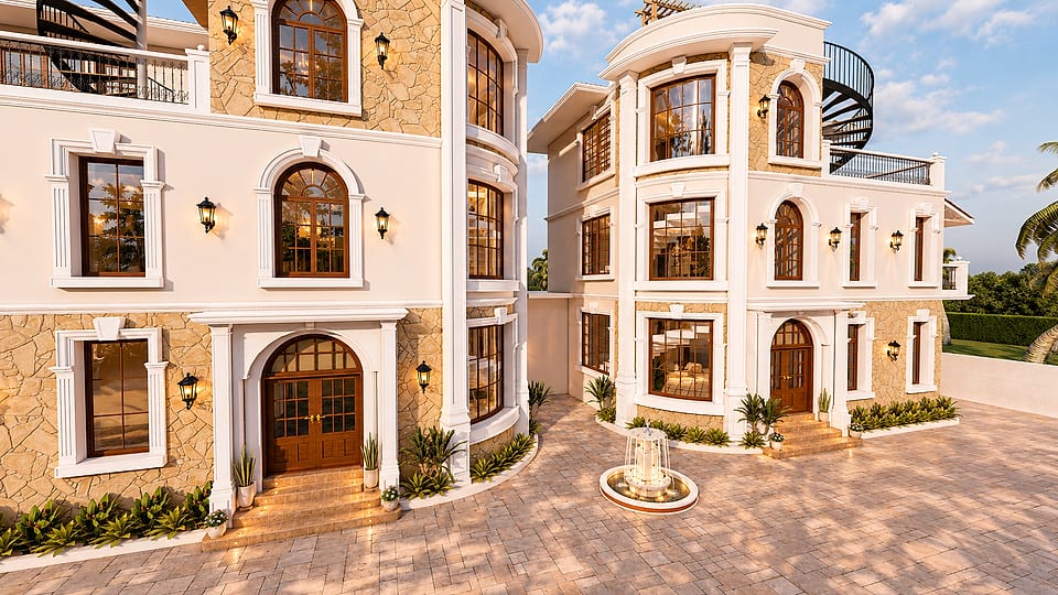 Anjuna villas, forecourt and fountain between the villas