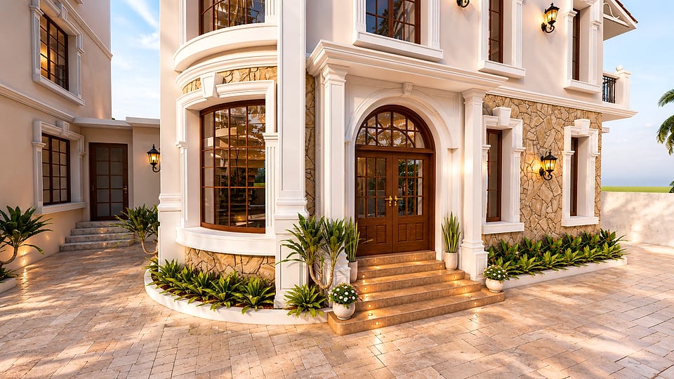 Anjuna villas, entrance steps and arched double door