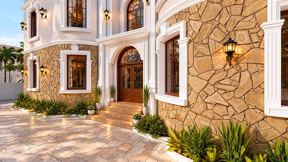 Anjuna villas, entrance surround in natural stone