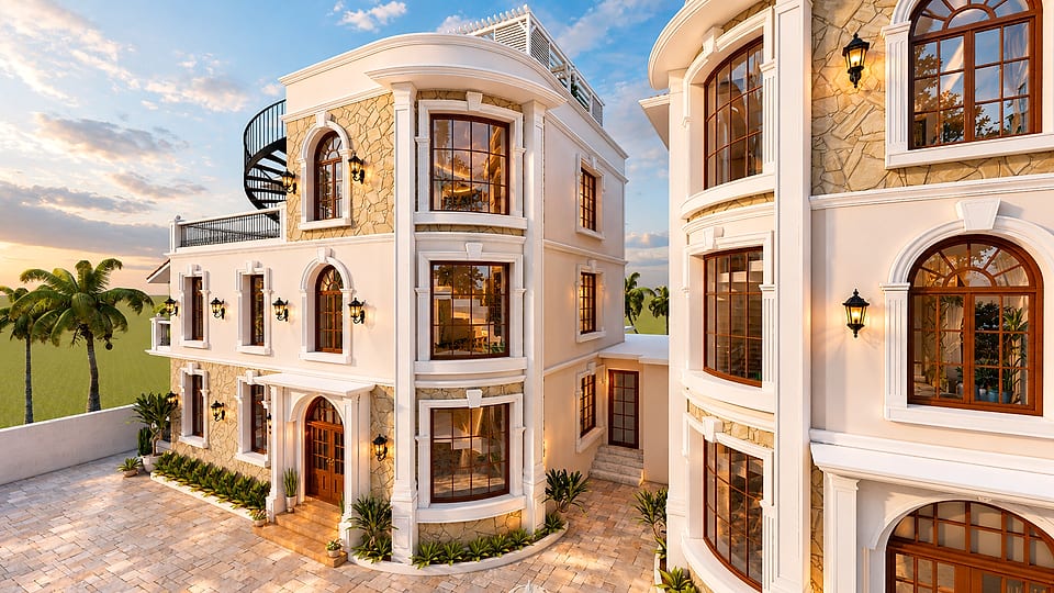 Anjuna villas, three-quarter view of the curved bay