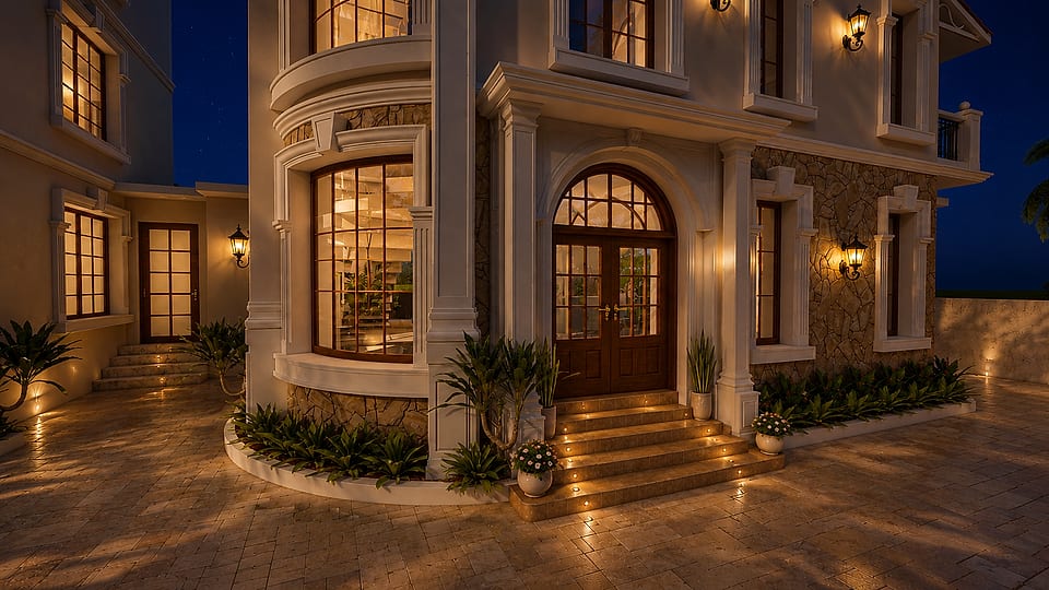 Anjuna villas, entrance lit at night