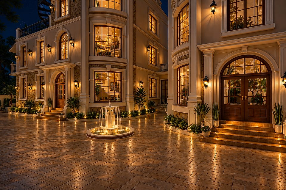 Anjuna villas, forecourt and fountain at night