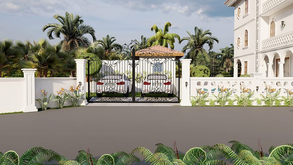 Beera Homes Badem, ornamental entrance gates seen from the street