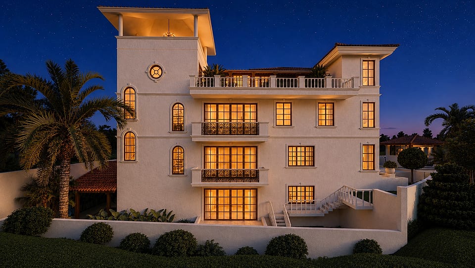 Beera Homes Badem, facade lit at dusk
