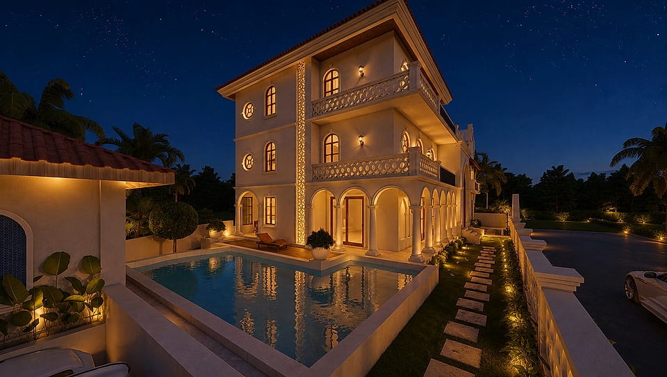 Beera Homes Badem, pool and terrace lit at night