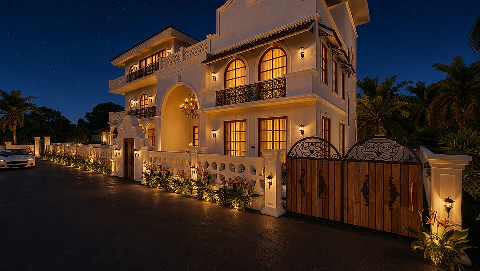 Beera Homes Badem, entrance portal glowing after dark