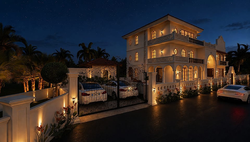 Beera Homes Badem, night view along the boundary wall