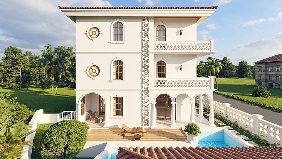 Beera Homes Badem, villa and pool seen from the garden