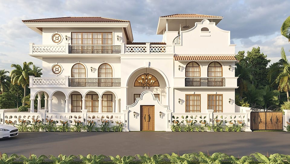 Beera Homes Badem, symmetrical front elevation with central arch
