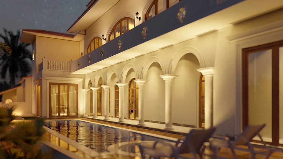 Beera Homes Sangolda, colonnaded veranda beside the pool at dusk