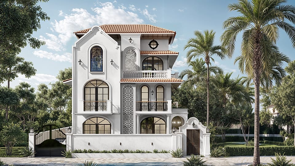 Beera Homes Soccorro, front elevation with arched entrance porch