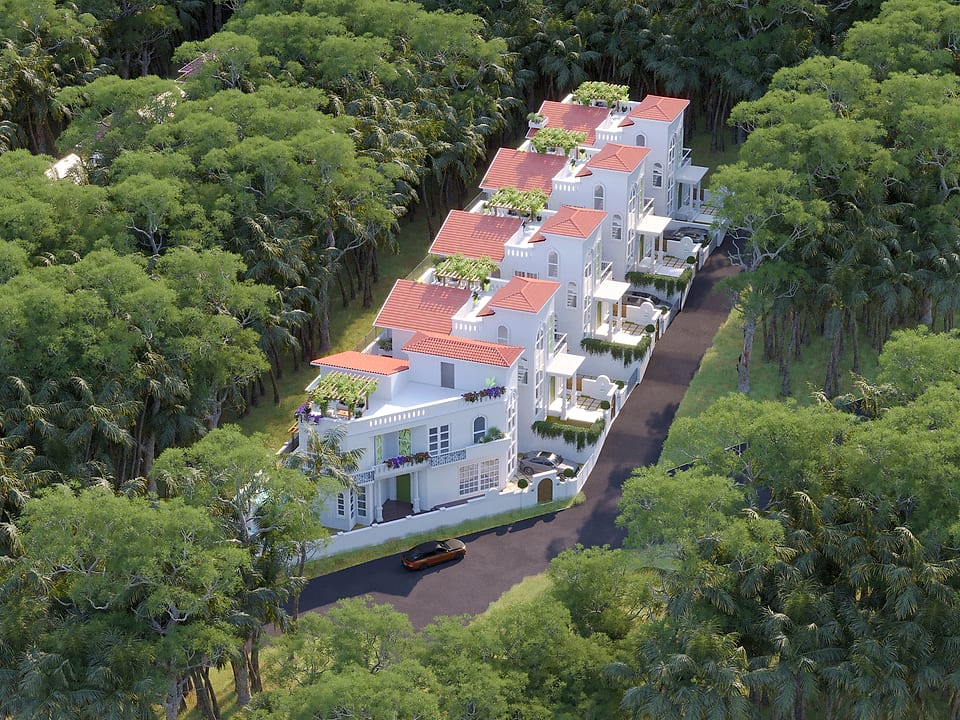 Casa Alora, aerial view of the villa row from the north