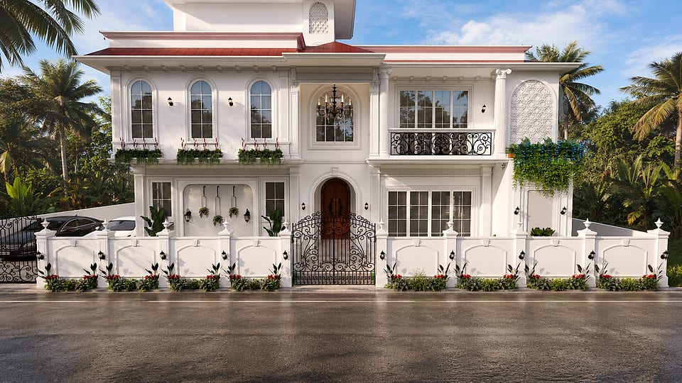 Loutolim residence, front elevation from the street with the entrance gate