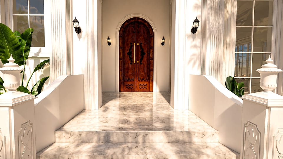 Loutolim residence, arched timber entrance door
