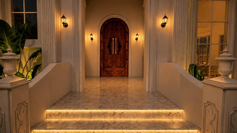 Loutolim residence, entrance porch lit at night