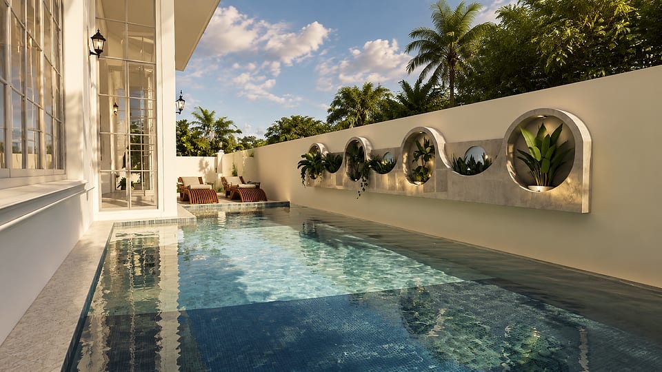 Loutolim residence, lap pool beside the glazed living room