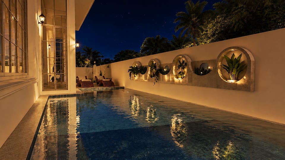 Loutolim residence, pool and circular wall openings at night