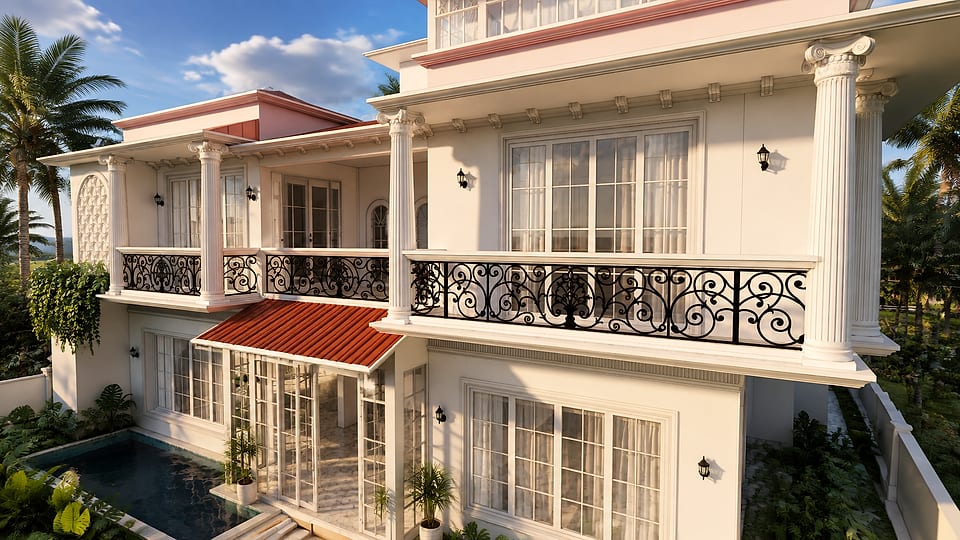 Loutolim residence, three-quarter view of the balconied facade