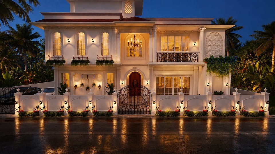 Loutolim residence, front elevation lit at night
