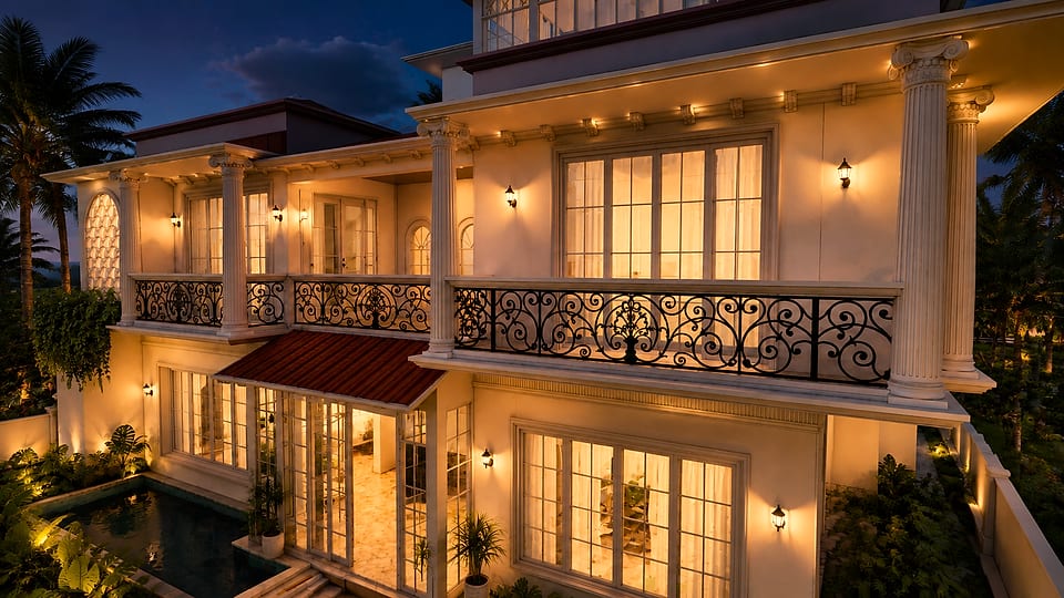 Loutolim residence, balcony and glazing lit at night