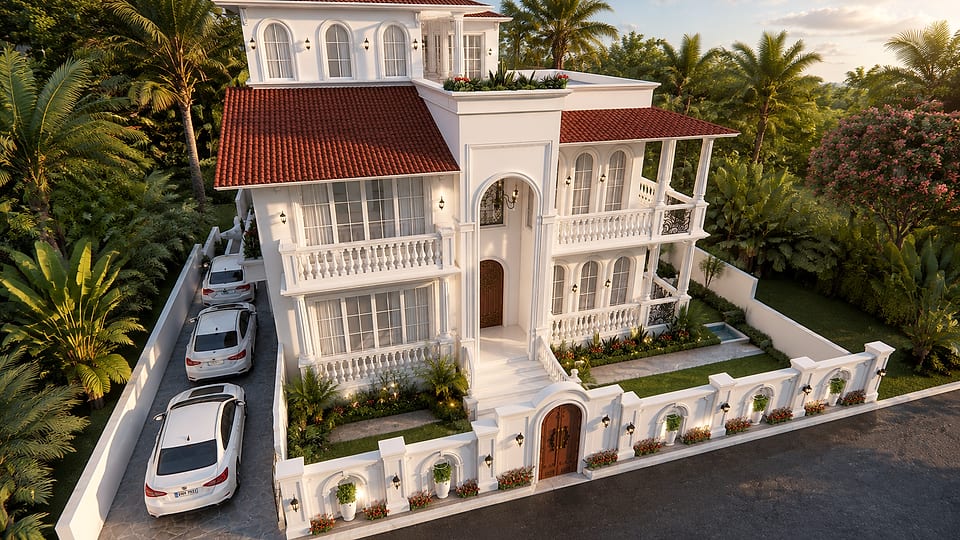 Nachinola residence, street approach with boundary wall and gate