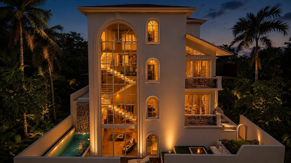 Nachinola residence, stair tower and pool lit after dark