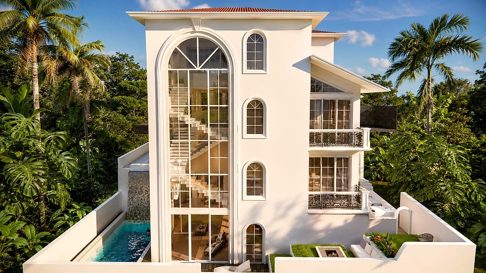 Nachinola residence, glazed stair tower above the pool