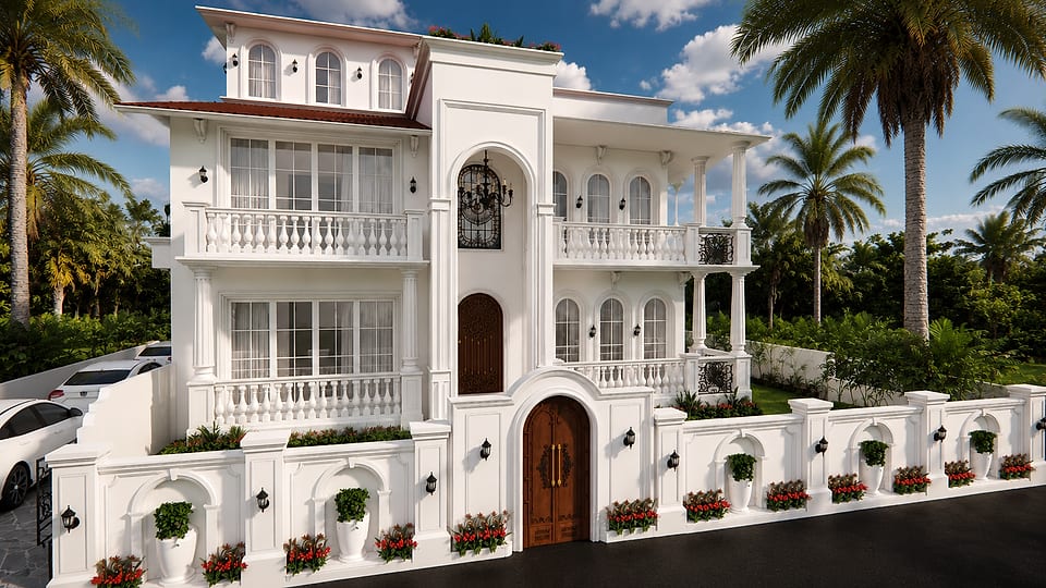 Nachinola residence, full front elevation in daylight