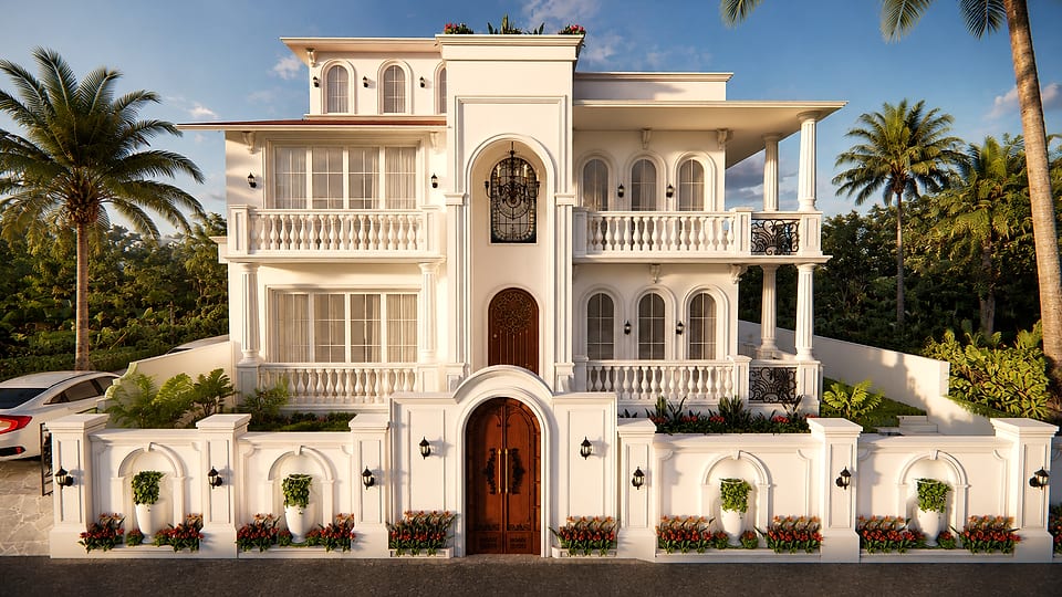 Nachinola residence, arched entrance tower and balconies