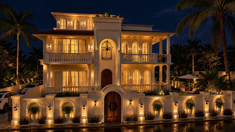 Nachinola residence, facade lit at night