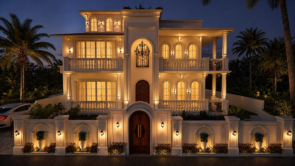 Nachinola residence, evening view of the balconied front