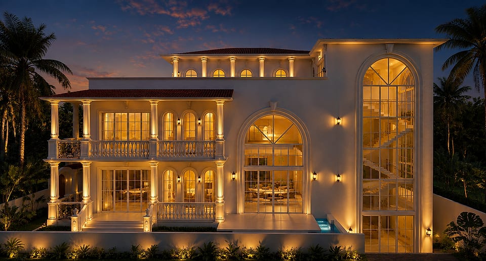 Nachinola residence, arched glazing glowing at dusk