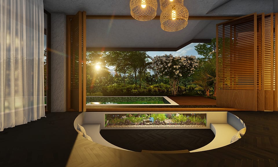 Novo Ventures Aldona, living space opening onto the linear pool