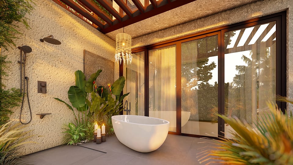 Novo Ventures Aldona, freestanding tub in the garden bathroom