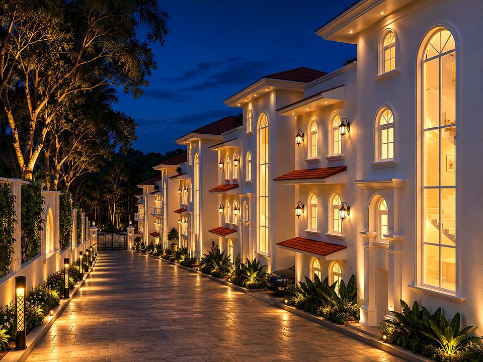 Paula De Grande, the villa lane lit at dusk