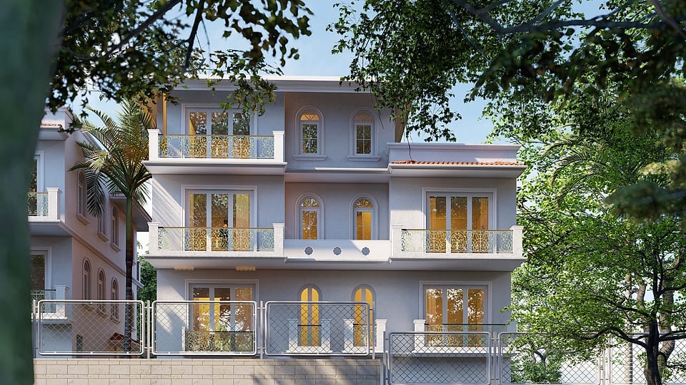 Paula De Grande, balconied side elevation among the trees