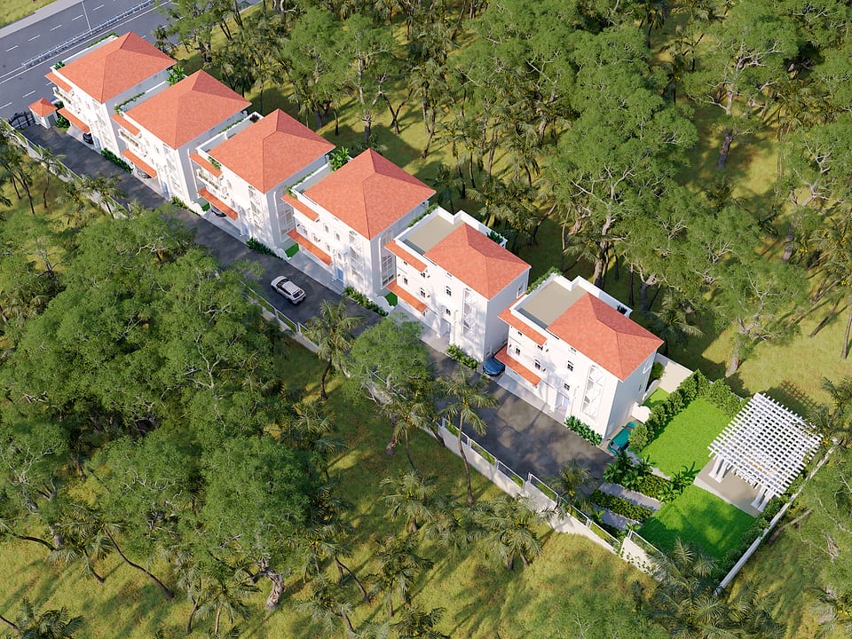 Paula De Grande, aerial view of the six villas from the south